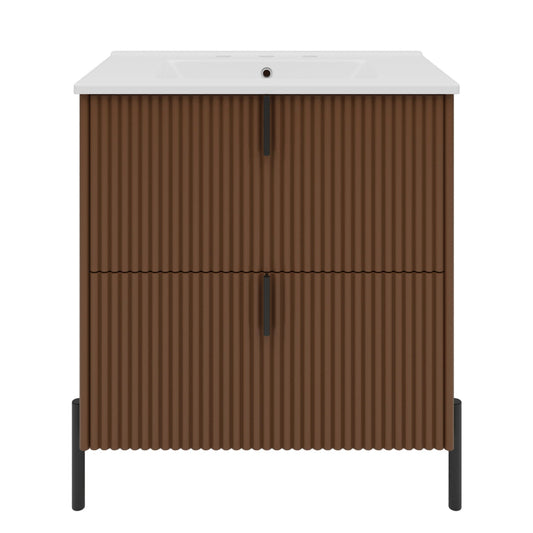 Fluted Bathroom Vanity With Ceramic Sink, Freestanding Design