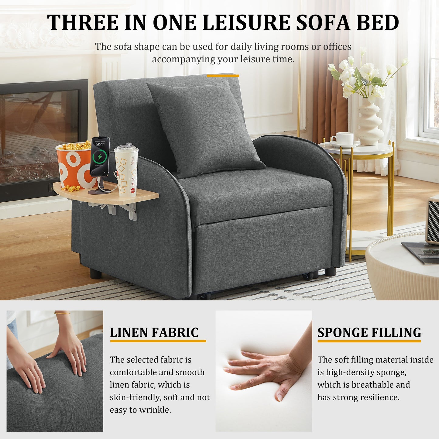 Sleeper Sofa Chair Bed, 3-In-1 Convertible with Adjustable Backrest & Foldable Table