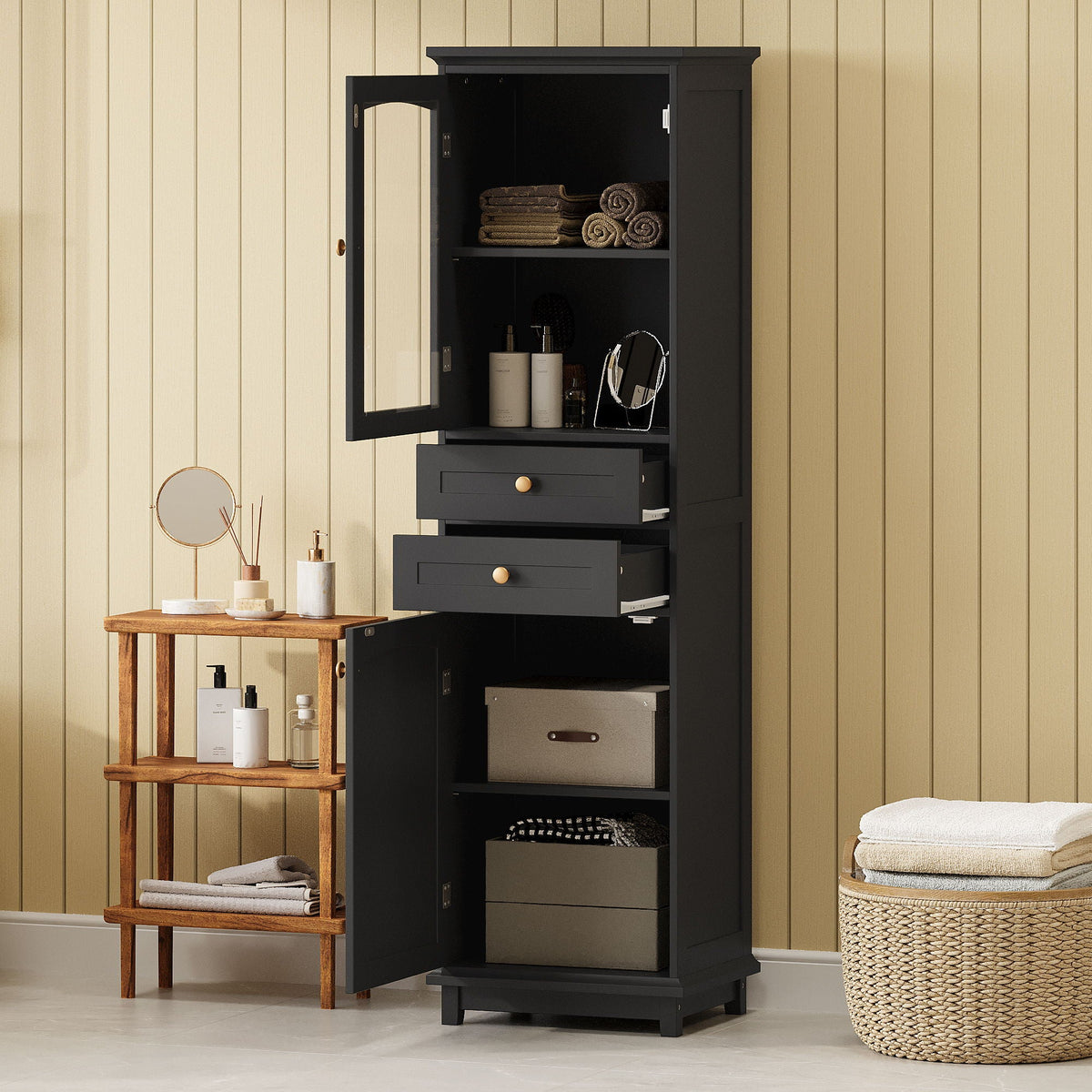 Tall Bathroom Storage Cabinet With Glass Doors, Free-Standing, Two Drawers, And Adjustable Shelves, Board, Painted Perfect For Displaying Your Favorite Items