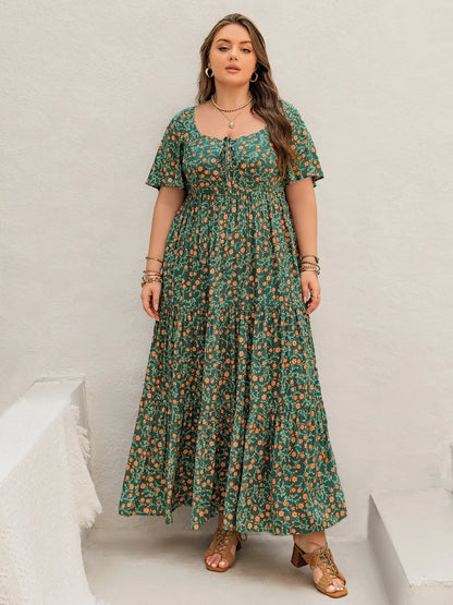 Printed Short Sleeve Tiered Maxi Dress