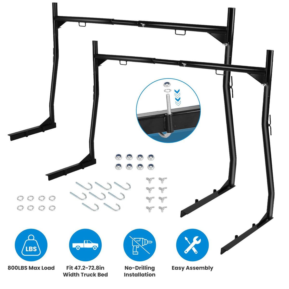 1Pair Extendable Truck Ladder Rack Non-Drilling Pick-up Truck Bed Utility Rack Adjustable Steel Truck Rack with 800LBS Capacity for 47.2-72.8in Wide T