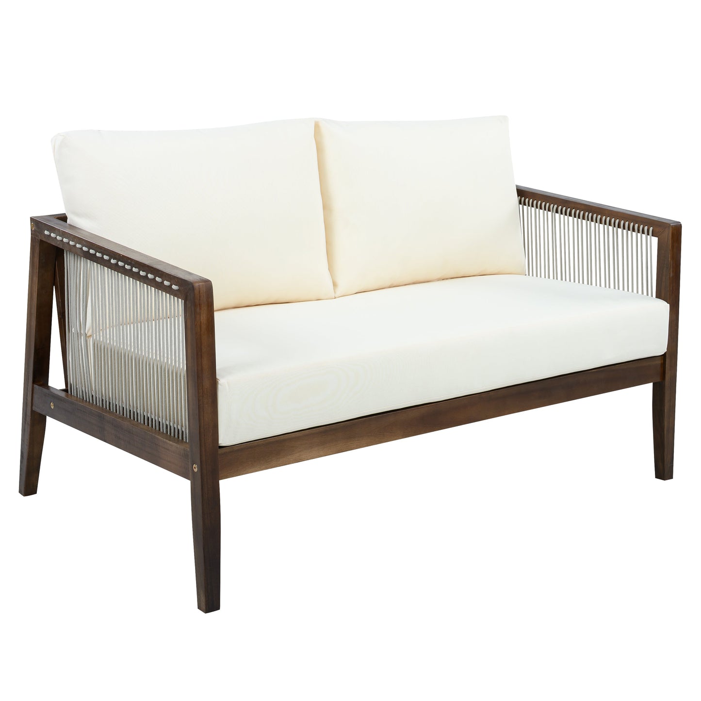 Outdoor Loveseat and Coffee Table Set, Acacia Wood Frame with Rope Detail