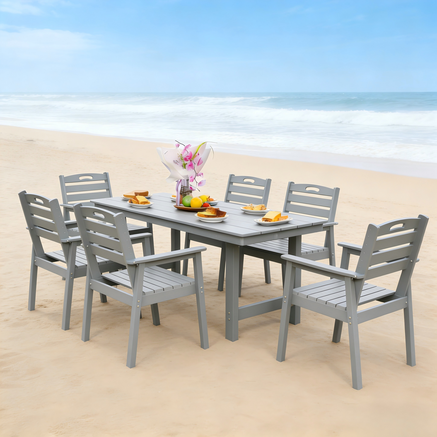 HDPE Outdoor Patio Dining Set - Table and Six Chairs
