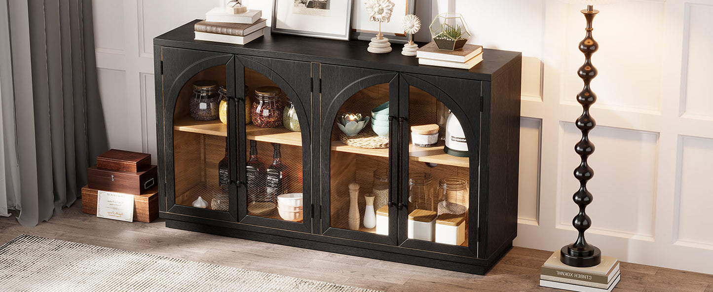 4-Door Large Storage Sideboard Buffet Cabinet with Glass Doors Arched Cabinet (Black)