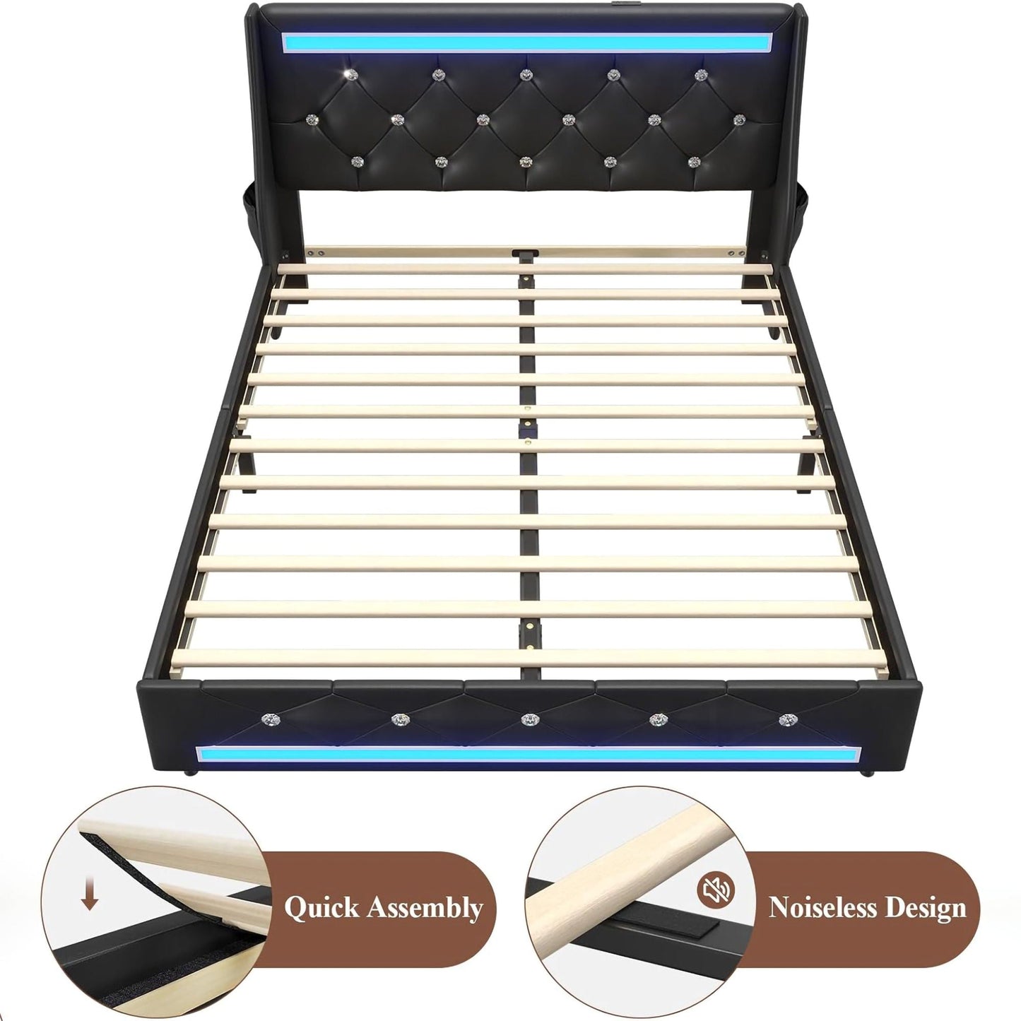 Wingback Upholstered Bed Frame With LED Lights, Charging Station