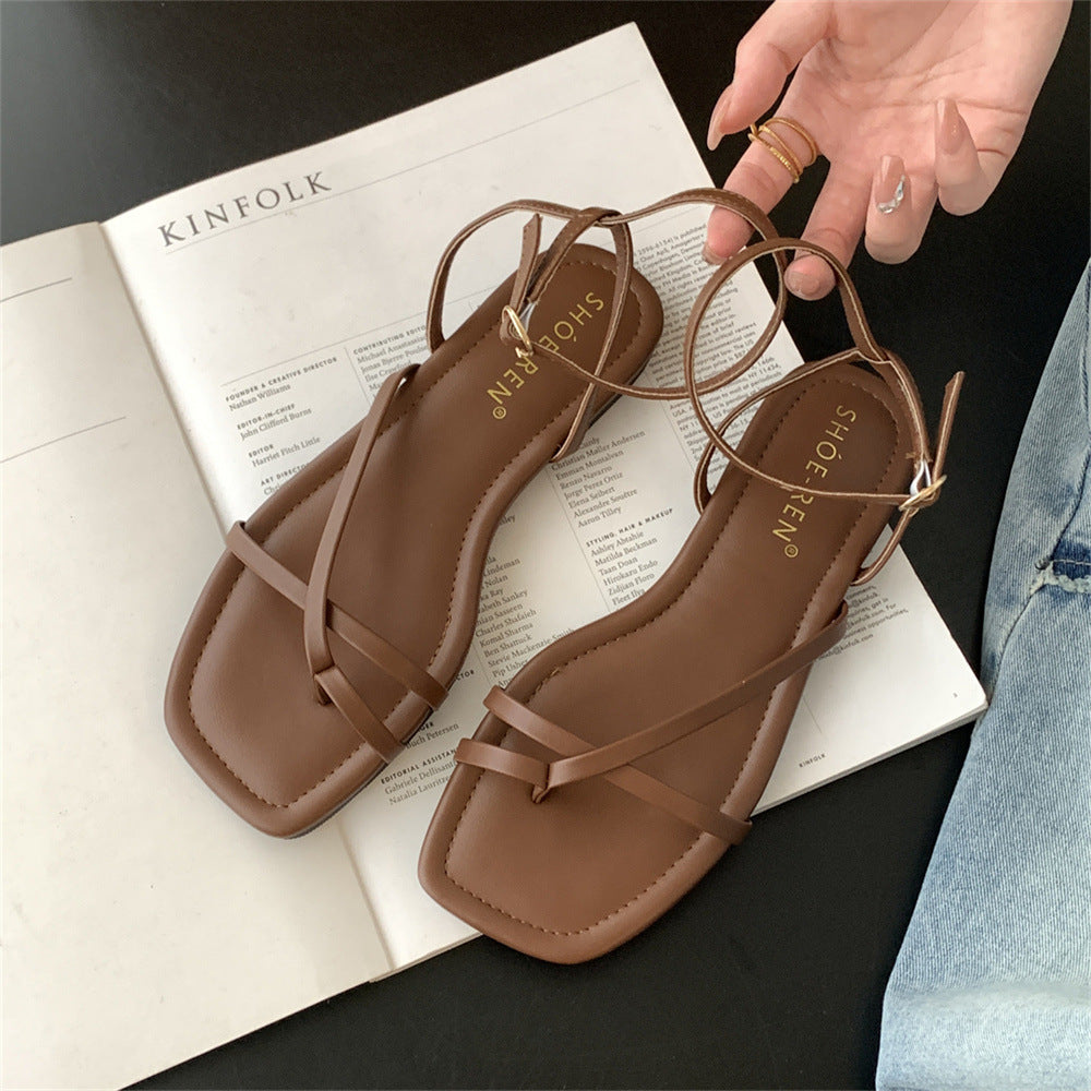 Square-toe Cross-strap Thong-style Flat Sandals
