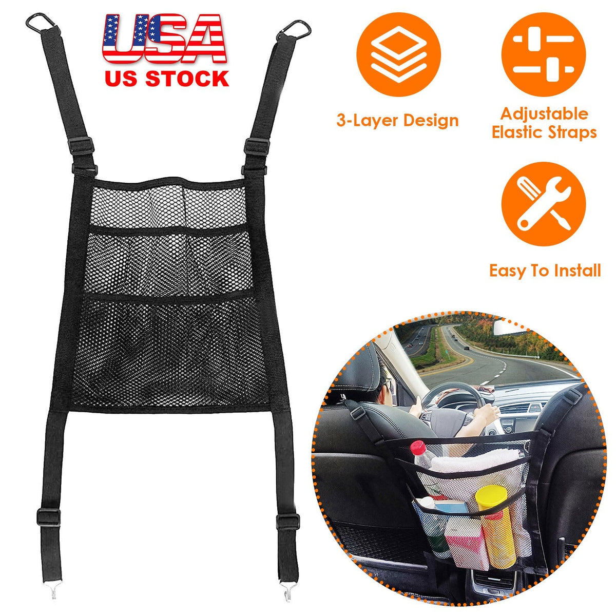 Car Mesh Organizer 3 Layer Seat Back Net Pocket Bag Cargo Elastic Tissue Purse Holder Driver Storage Netting Pouch Barrier of Backseat for Kids Pets