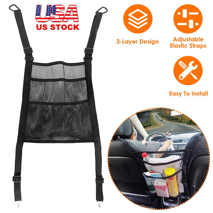 Car Mesh Organizer 3 Layer Seat Back Net Pocket Bag Cargo Elastic Tissue Purse Holder Driver Storage Netting Pouch Barrier of Backseat for Kids Pets