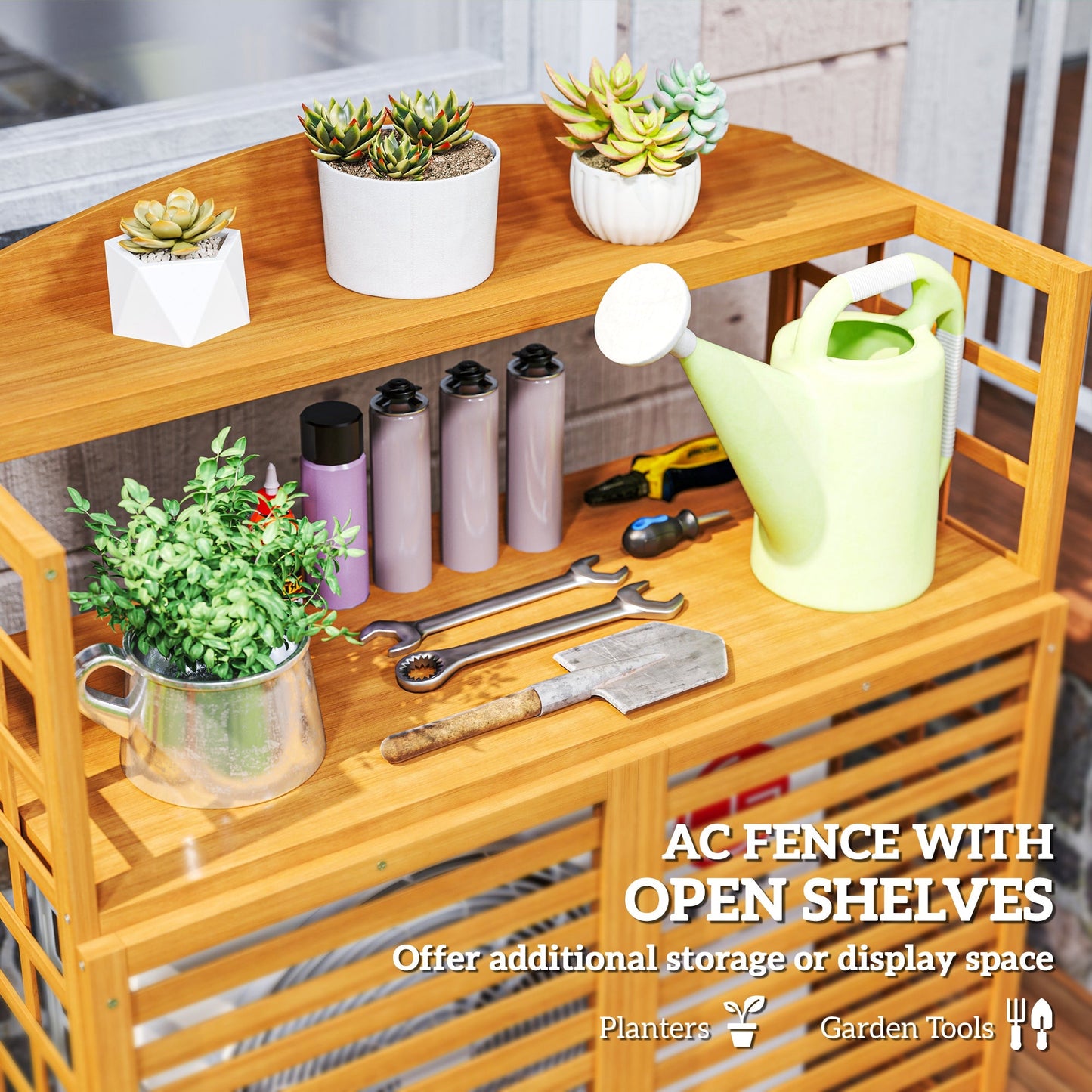 Outsunny Wood Air Conditioner Fence, Outdoor Privacy Screen Potting Table with Shelves