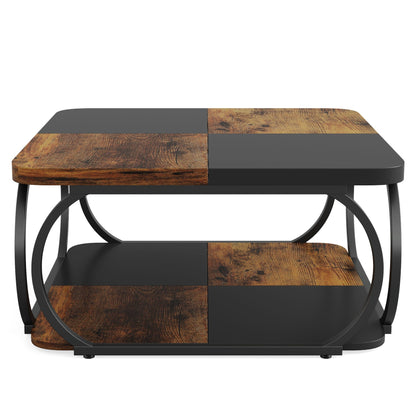 Square Coffee Table With Storage Shelf, 2 Tier For Living Room - Brown / Black