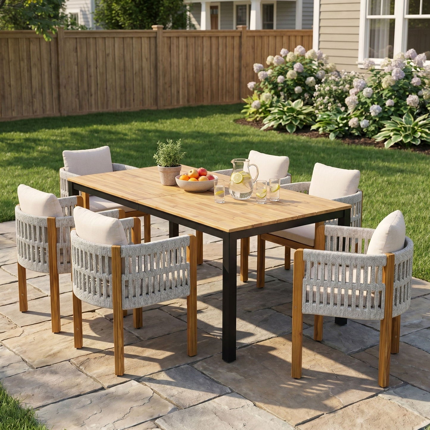 7 Piece Outdoor Dining Set with Table and Chairs - Beige / Teak / White