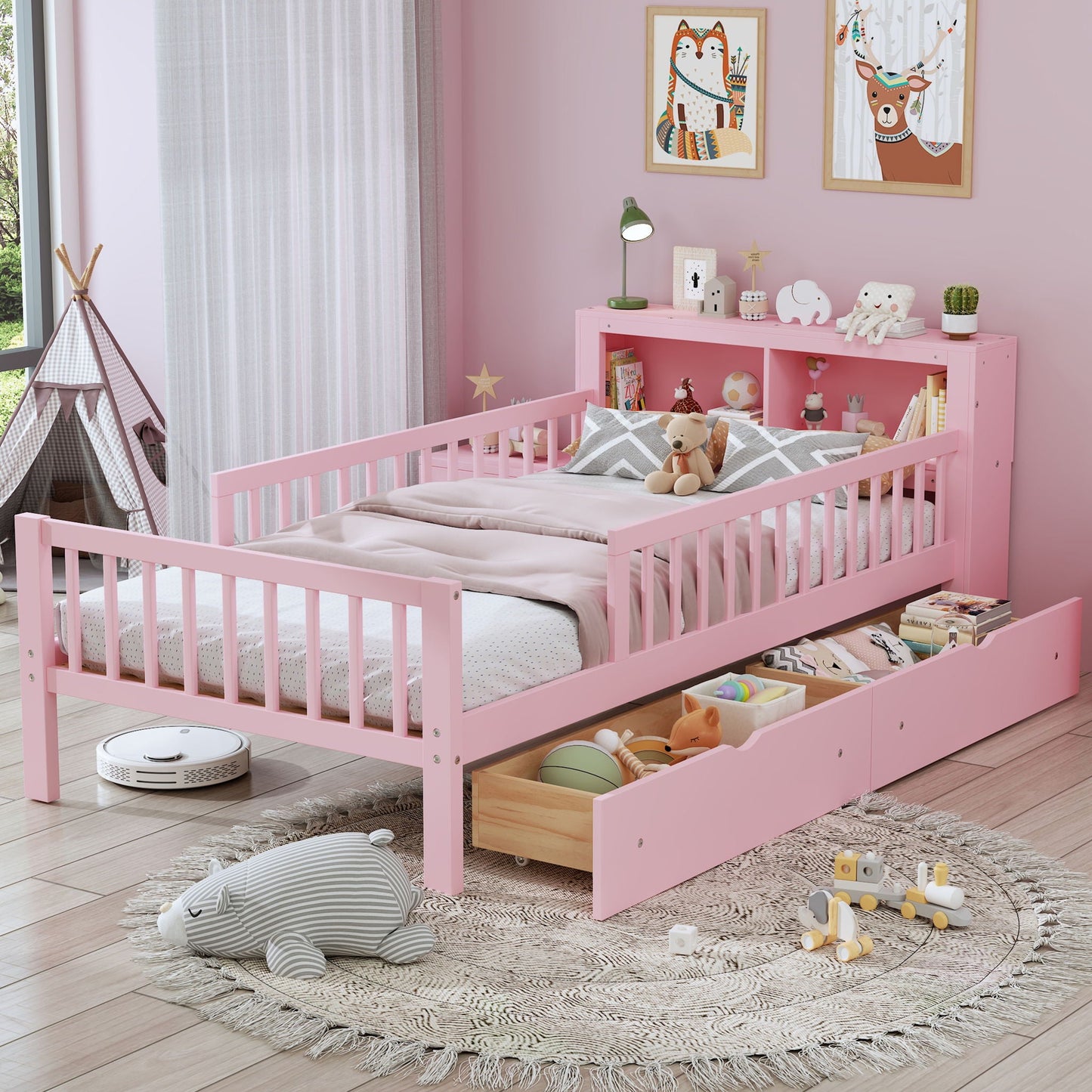 Bed With Headboard Storage Rack, 2 Under Bed Drawers, 3 Side Guardrails For Safety