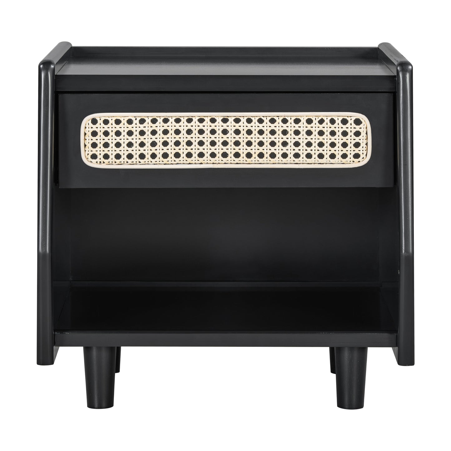 Black Nightstand with Rattan Detail