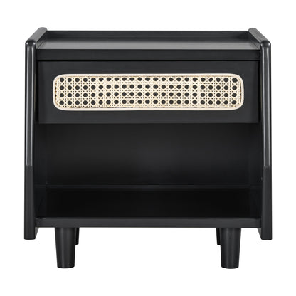 Black Nightstand with Rattan Detail