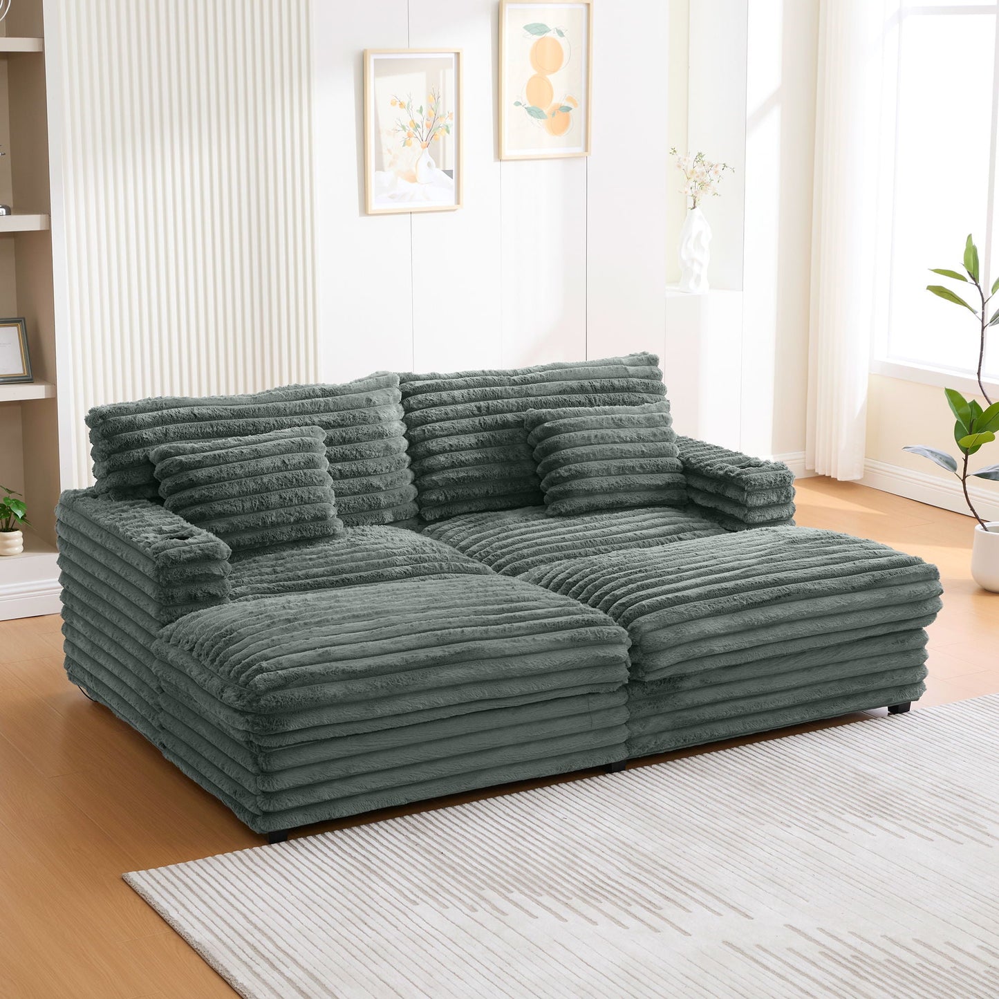 Oversized Double Chaise Lounge Sofa Bed With USB Ports And Cup Holders