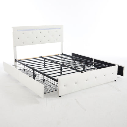 Upholstered Bed Frame With LED Lights, 4 Storage Drawers, Charging Station