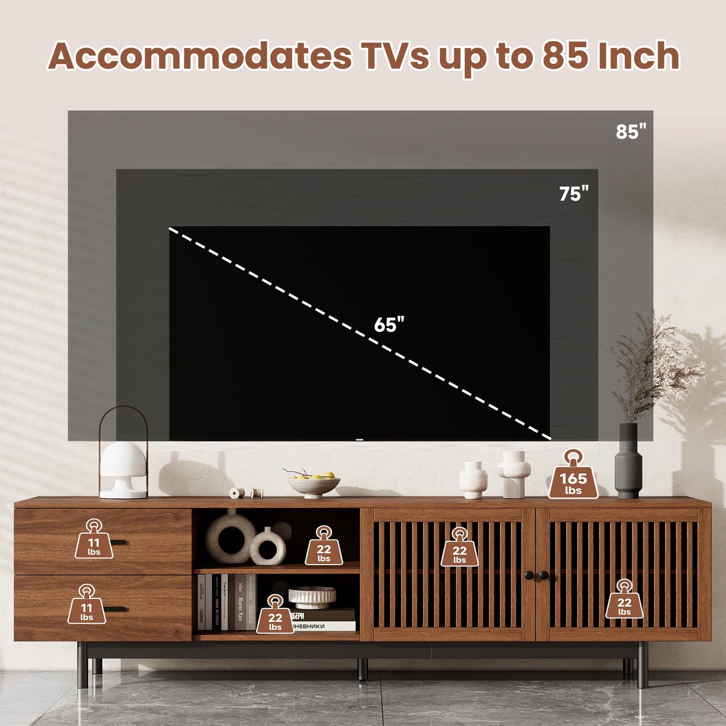 78" TV Stand For TVs Up To 85" Entertainment Center With Deep Drawers & Cable Management, Soft Closing Hinges - Walnut