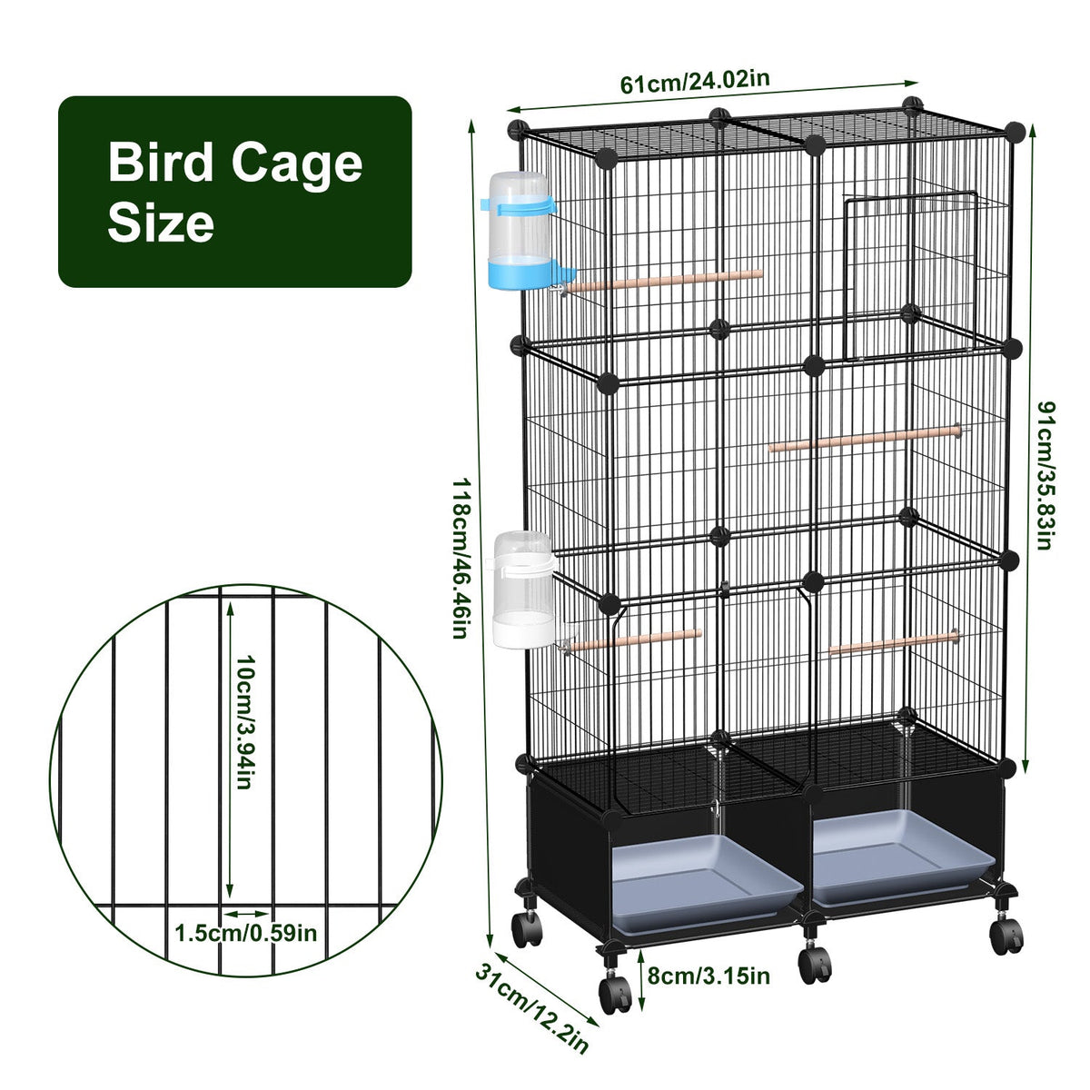 46-Inch Bird Cage with Wooden Perches and Rolling Wheels