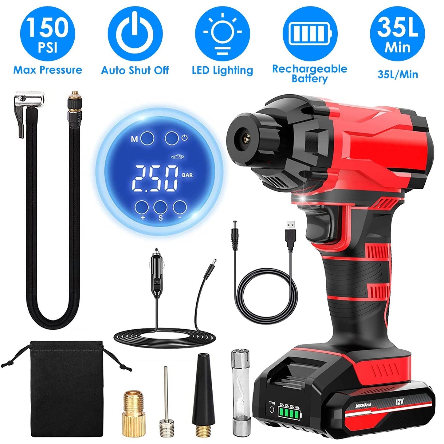 150PSI Cordless Car Tire Pump Rechargeable Tire Inflator 12V Portable Electric Air Compressor with LED Light for Car Bike Motorcycle Ball