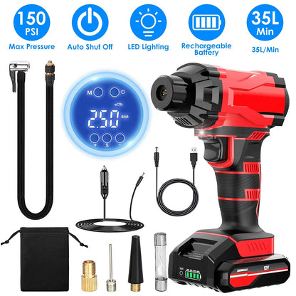 150PSI Cordless Car Tire Pump Rechargeable Tire Inflator 12V Portable Electric Air Compressor with LED Light for Car Bike Motorcycle Ball