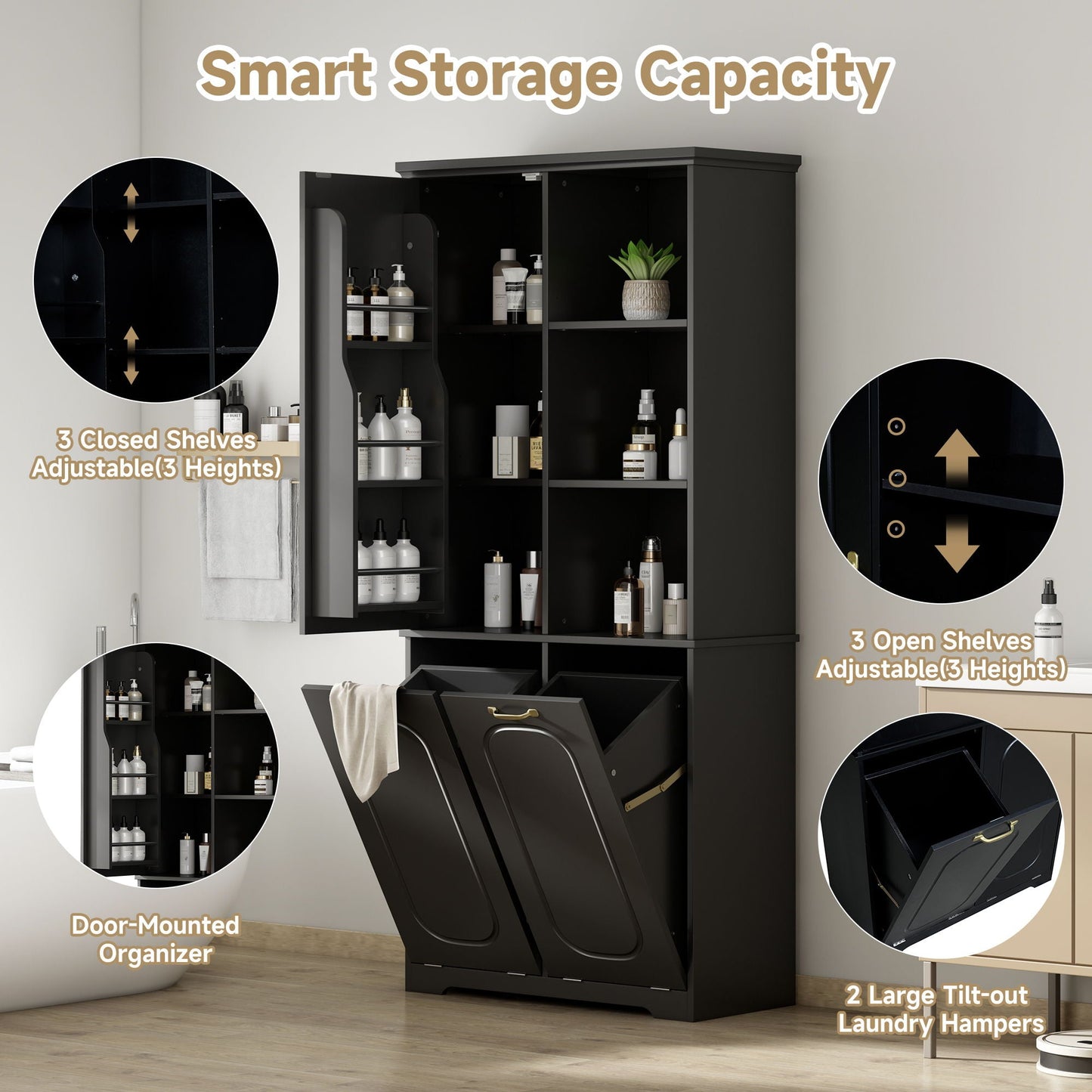 Freestanding Tall Storage Cabinet With 2 Tilt-Out Hampers