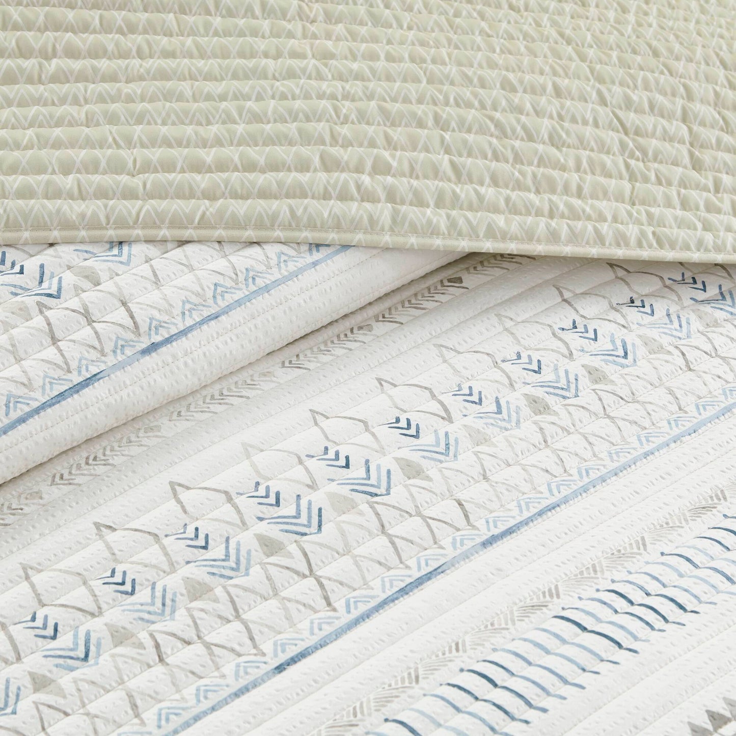 3 Piece Printed Microfiber Seersucker Quilt Set Taupe/Blue Full/Queen