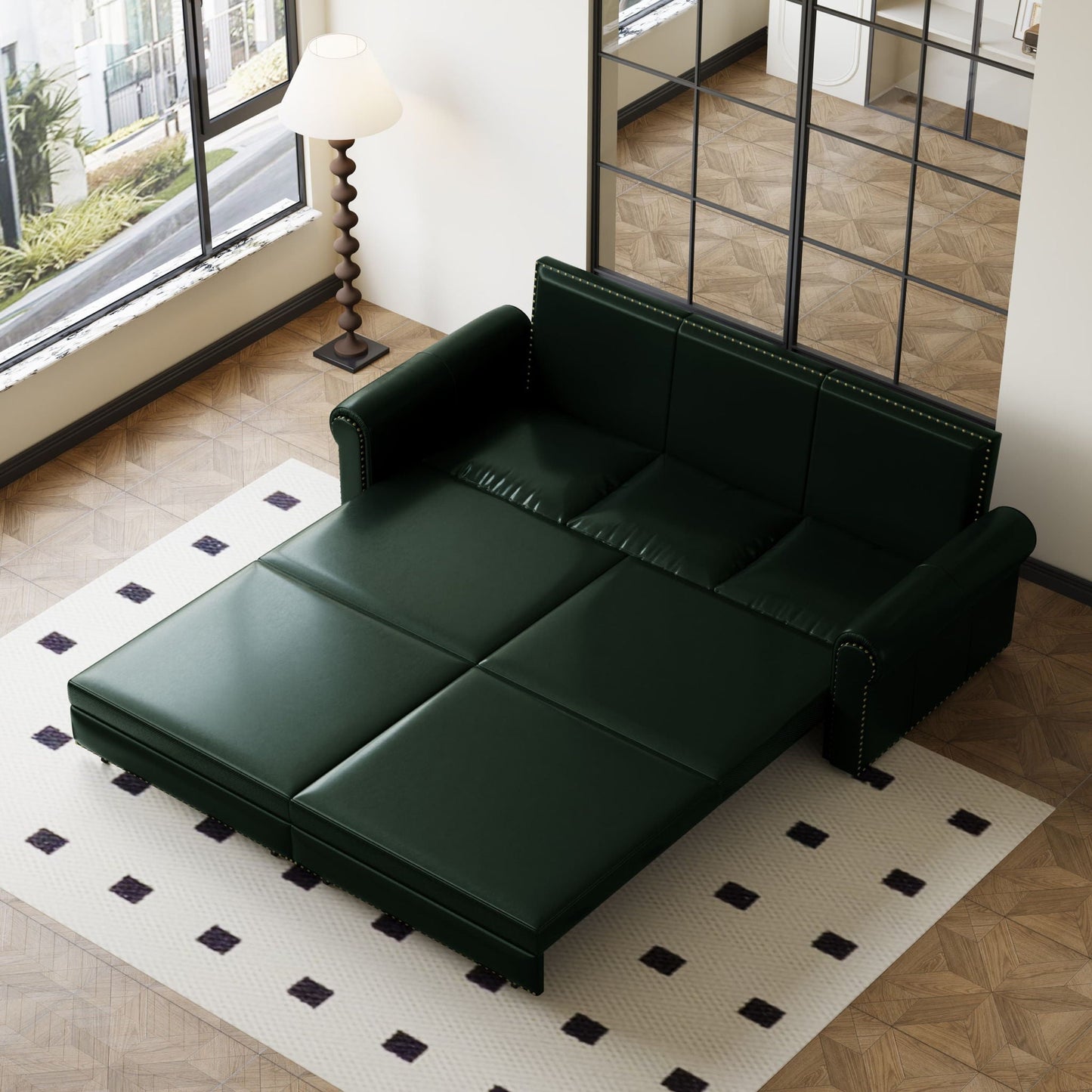 3 In 1 Convertible Sleeper Sofa With Nailhead Trim & Rolled Arm