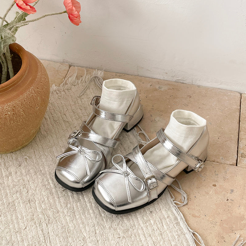 Square Bow Belt Buckle Silver Mary Jane Shoes Single Shoe Soft Sole Ballet Shoes