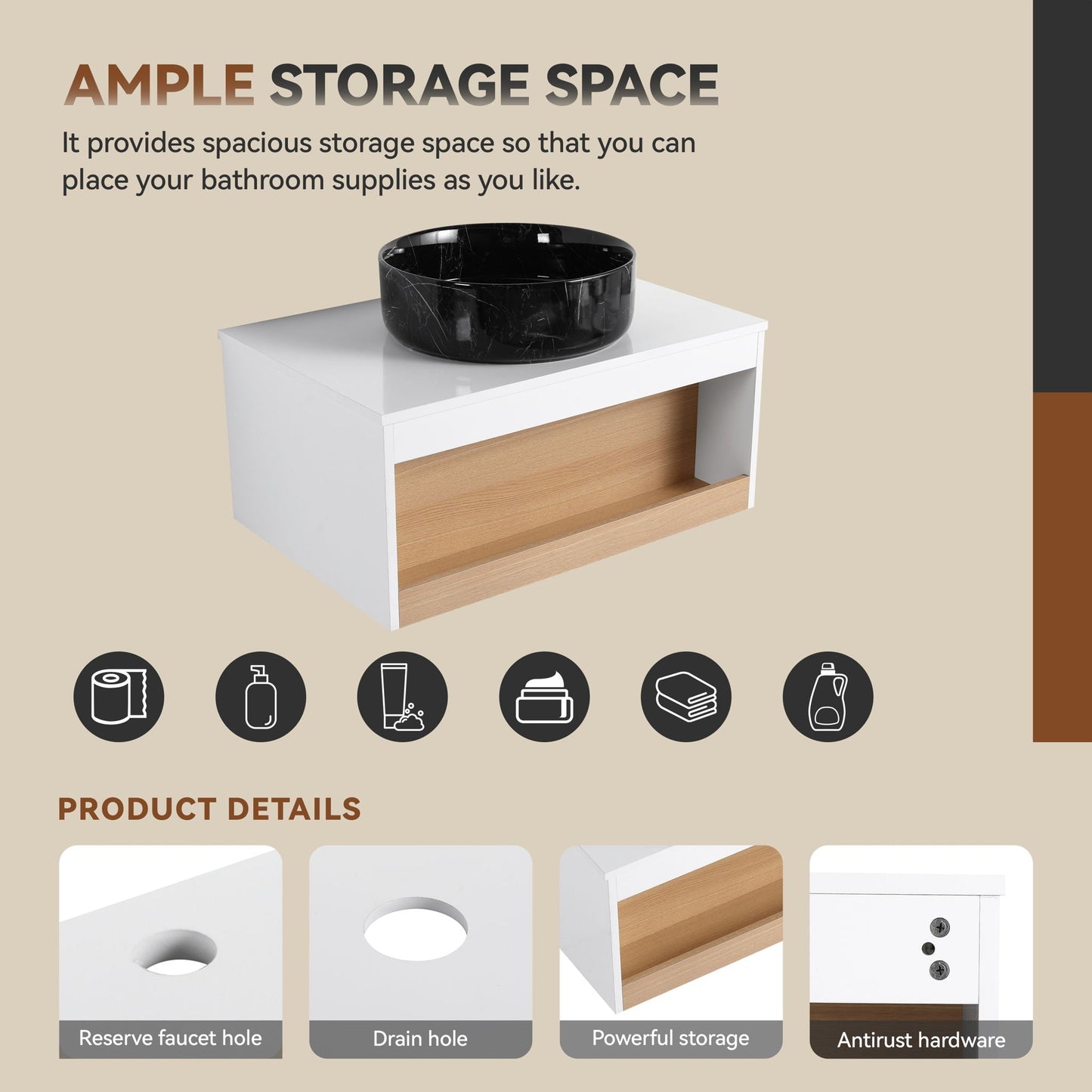 Floating Bathroom Vanity With Vessel Sink With Open Shelf Storage