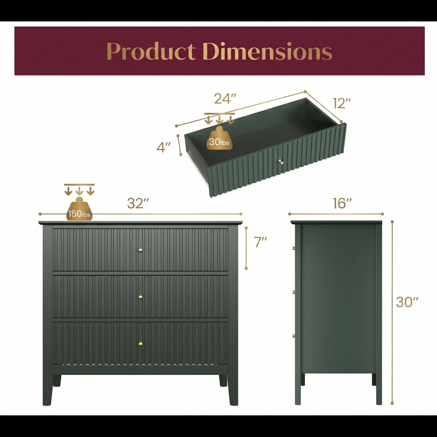 Fluted 3 Drawer Nightstand With Soft Close Slides