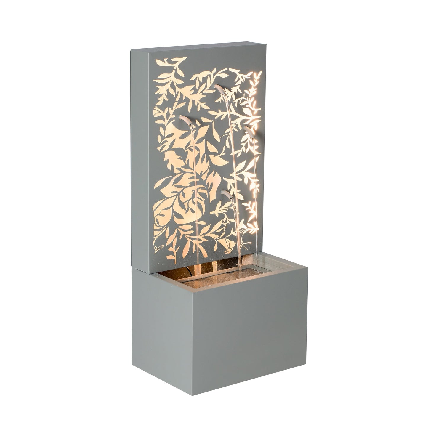 30.71' Light Gray Metal Leaf Cutout Outdoor Water Wall Fountain with LED Lights