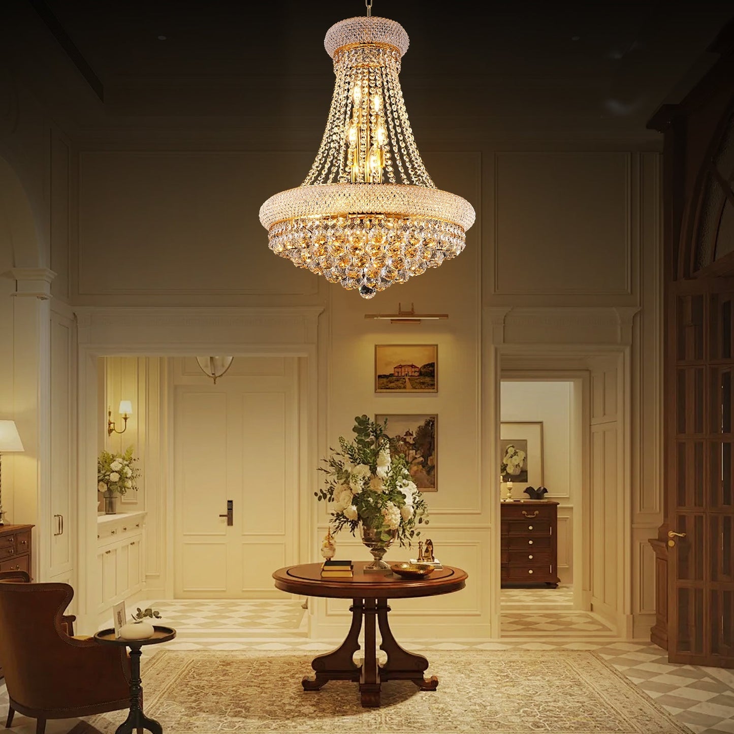 24-Inch Gold Crystal Chandelier, 12-Light French Empire Style Ceiling Light