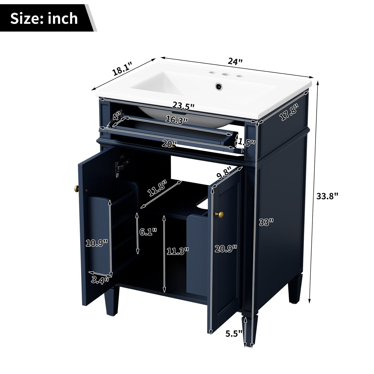 24" Bathroom Vanity with 2 Doors and Tip-Out Drawer