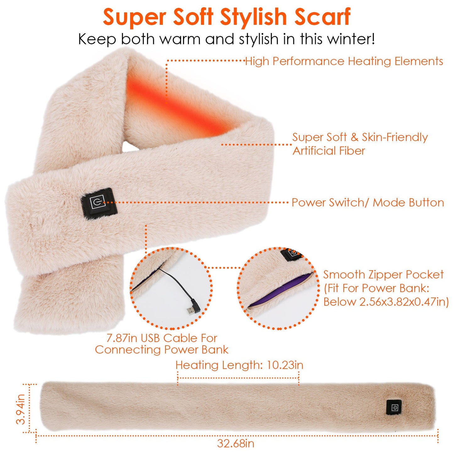 USB Heated Scarf with 3 Temperature Modes for Winter