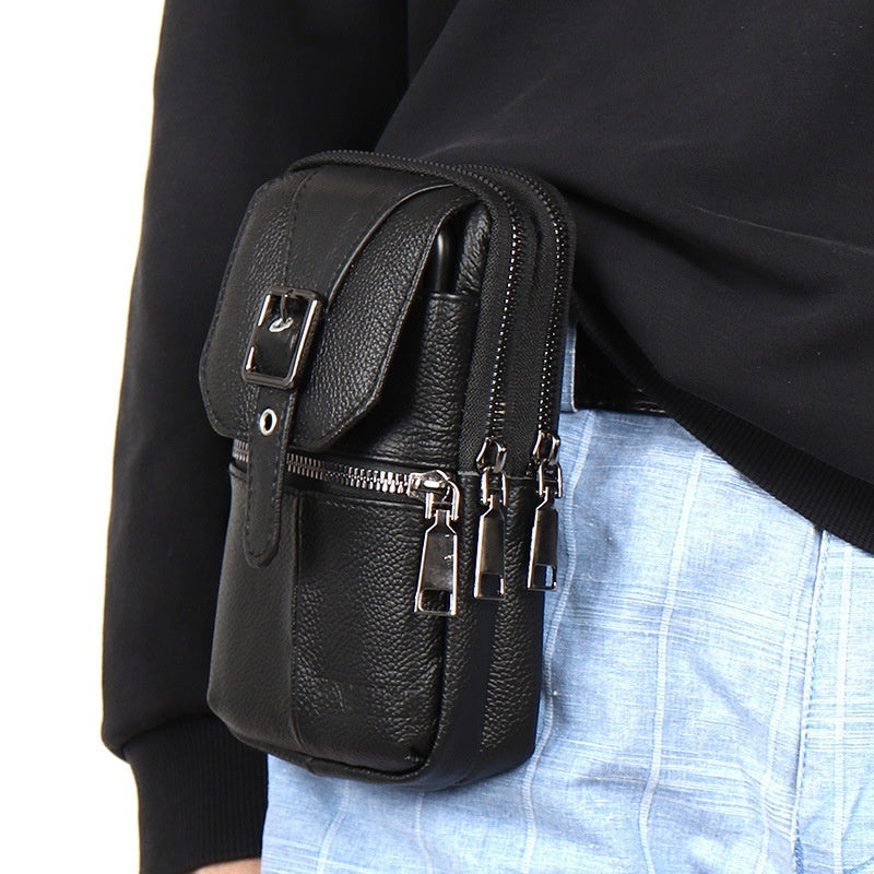 Genuine Leather Belt-Attached Multifunctional Phone Bag Mens Waist Bag