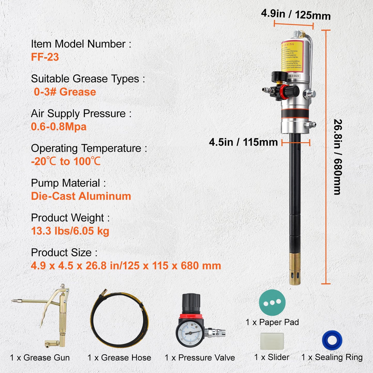 VEVOR Air Operated Grease Pump with 13 ft Hose and 360° Swivel Gun