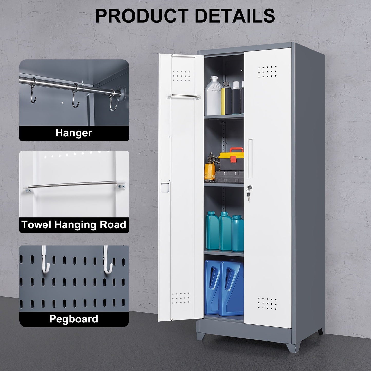 Lockers With Locking Doors, Adjustable Shelves, High Broom Tool Storage Cabinet