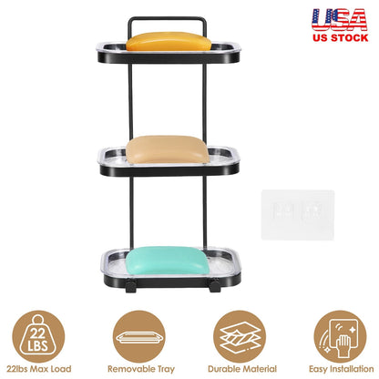 Soap Dish Soap Bar Holder Square Soap Rack Wall Mounted S Bar Shower Bathroom Self with 2 Hooks Clear Trays