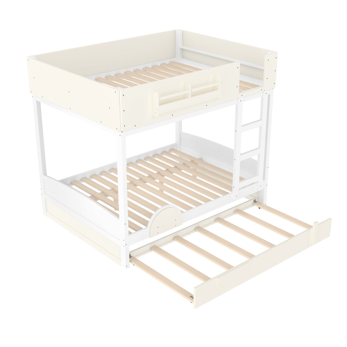 Full Bunk Bed with Trundle, Wood Bunk Bed Frame with Bookshelf