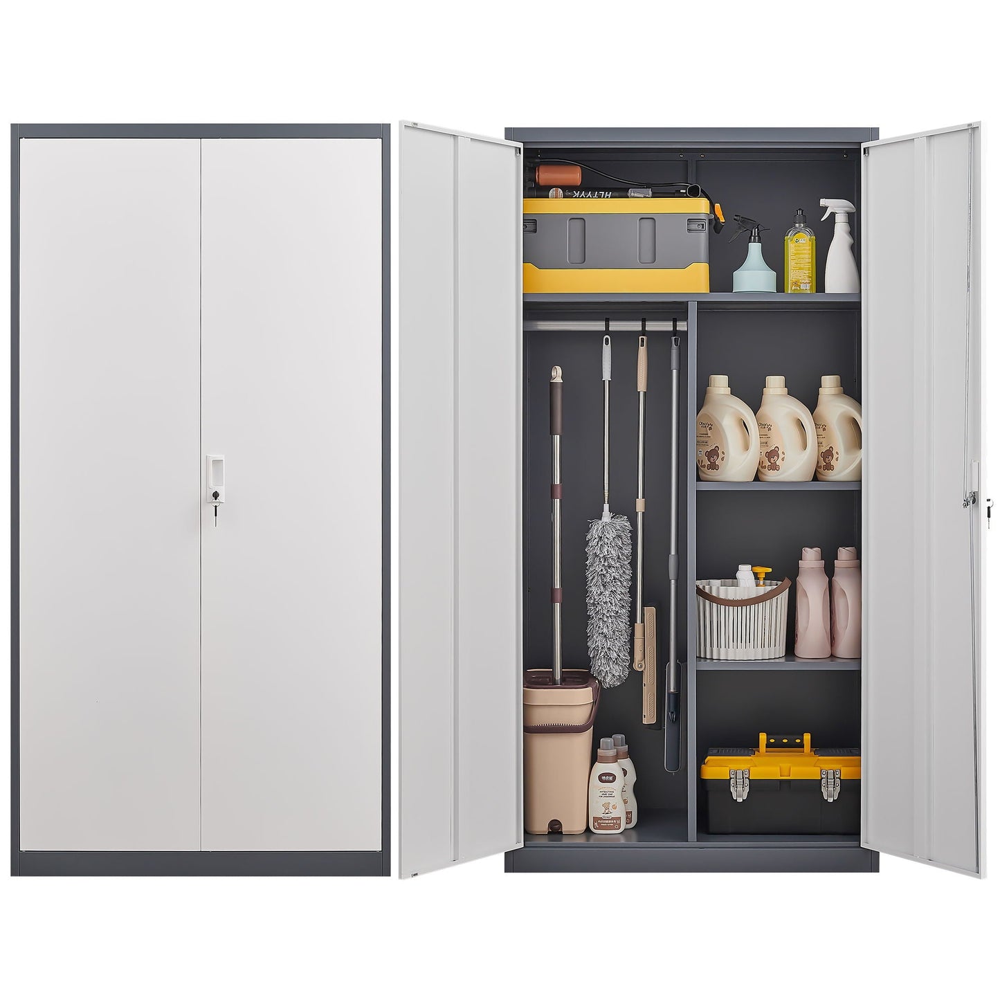 Wardrobe With Hanging Rod And Compartments, Lockable Closet With Locks & Keys For Bedroom - Gray