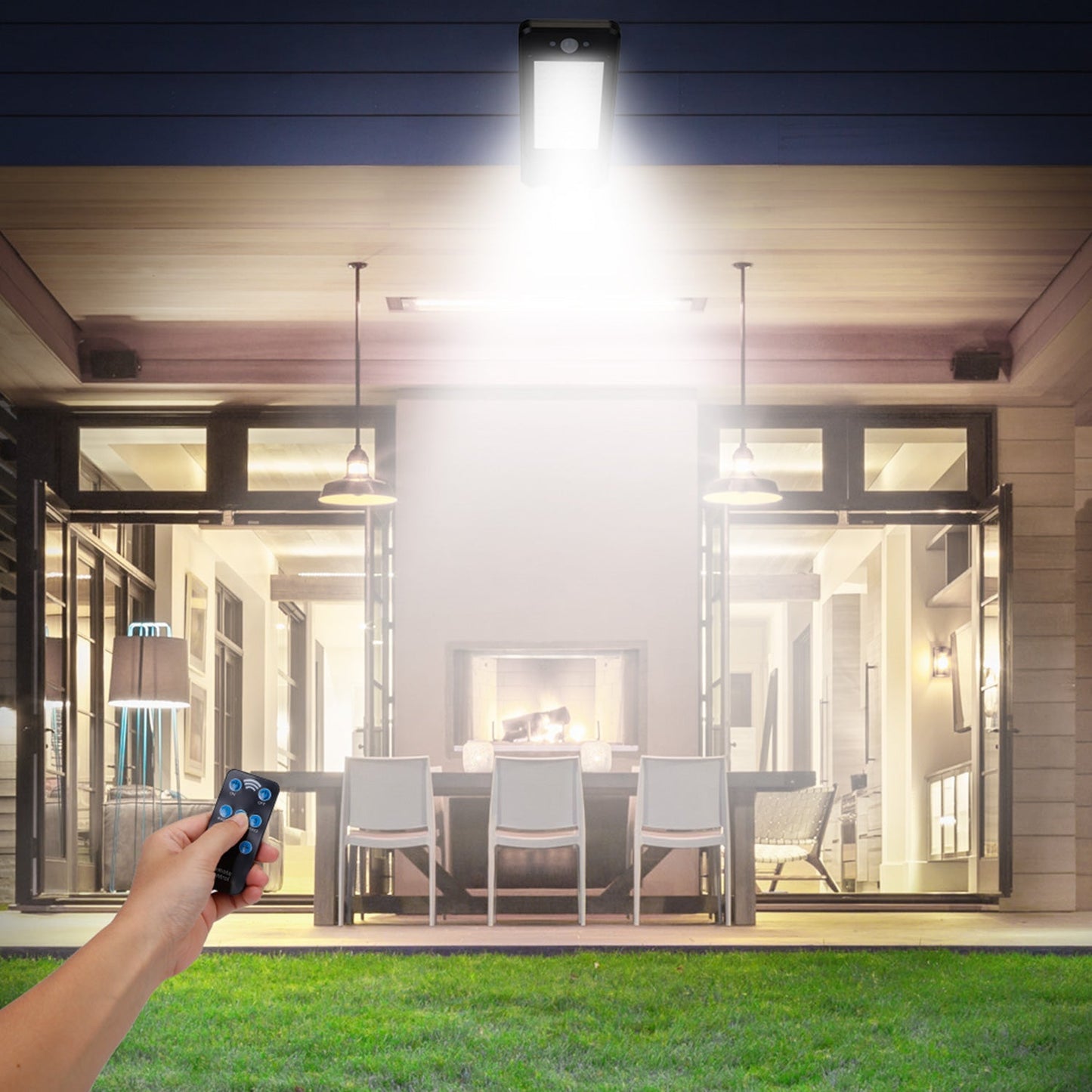 Solar Wall Light Outdoor 60LEDs PIR Motion Sensor Remote Control Wireless Lamps IP65 Waterproof Lighting for Garage Front Door Garden Pathway