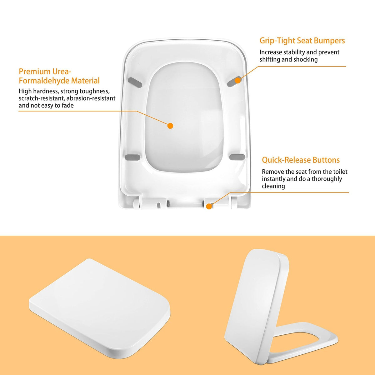 Square Toilet Seat with Grip-Tight Seat Bumpers Heavy-Duty Quiet-Close Quick-Release Easy Cleaning White UK