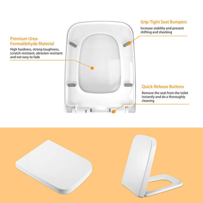 Square Toilet Seat with Grip-Tight Seat Bumpers Heavy-Duty Quiet-Close Quick-Release Easy Cleaning White UK