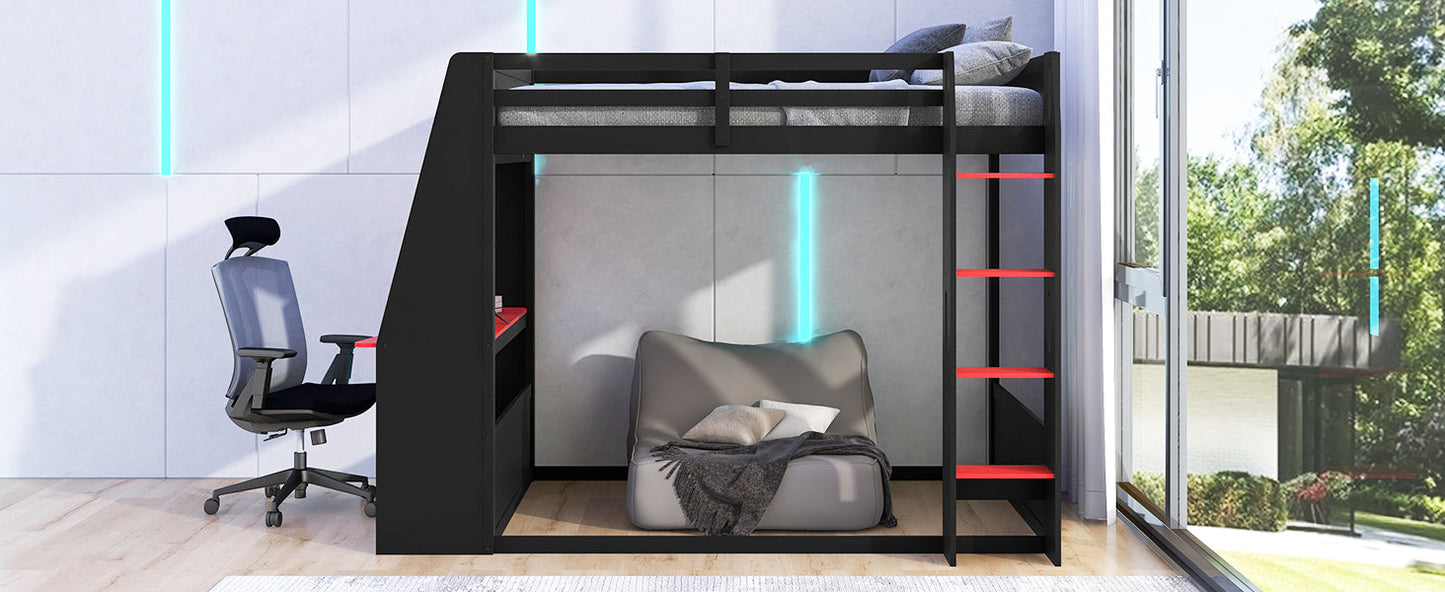 Full Size Wooden Gaming Bunk Bed with Desk, Two Storage Shelves, USB and LED Light