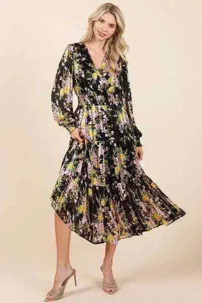 Floral Lurex Stripe Midi Dress – Smocked Waist & Satin Shine | Femstylo