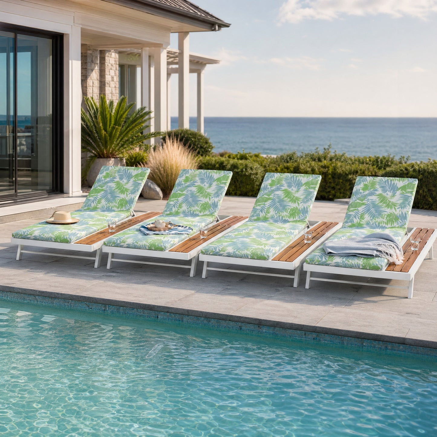 White Iron and Teak Finish Outdoor Chaise Lounge Set