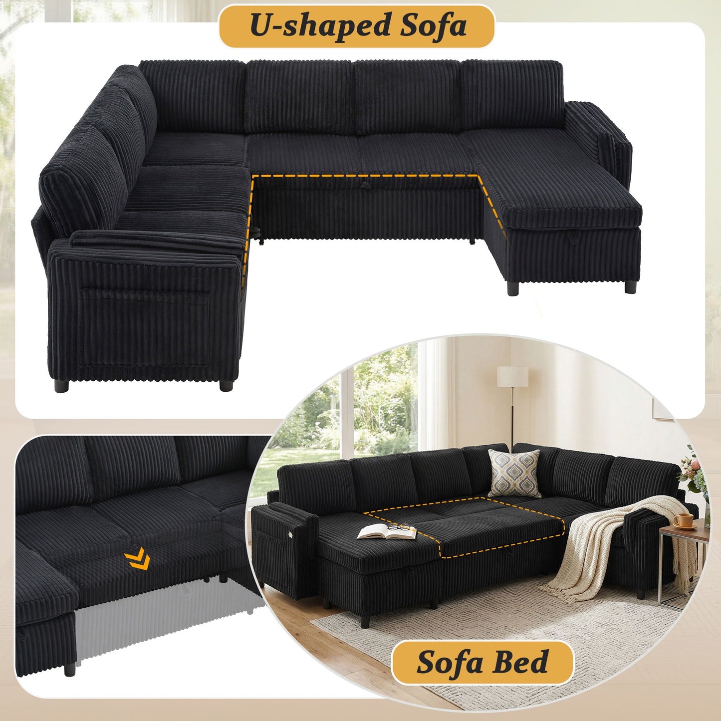 Convertible U-Shaped Sectional Sofa Bed With USB Ports And Storage