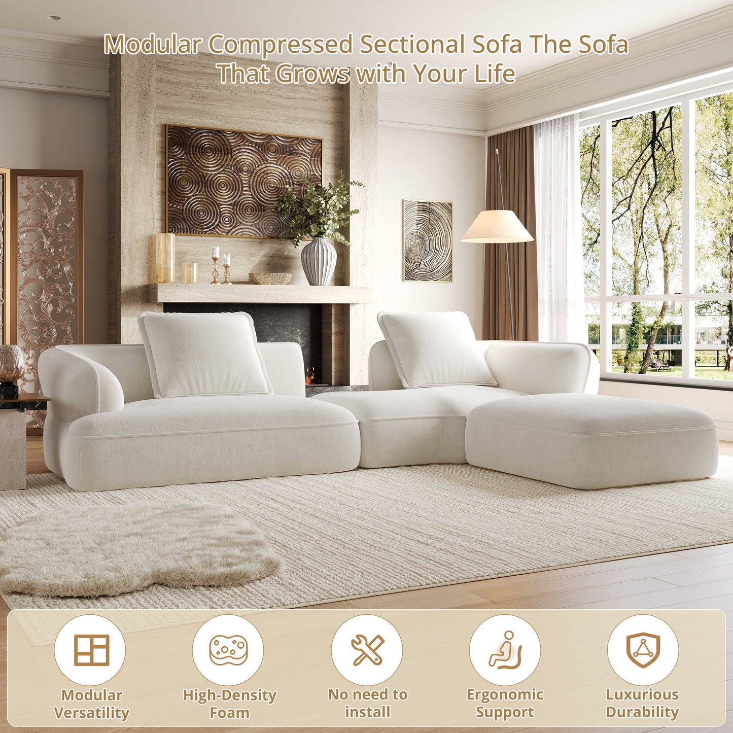122" Modern L-Shaped Sectional Sofa with High-Density Foam and Chaise Lounge