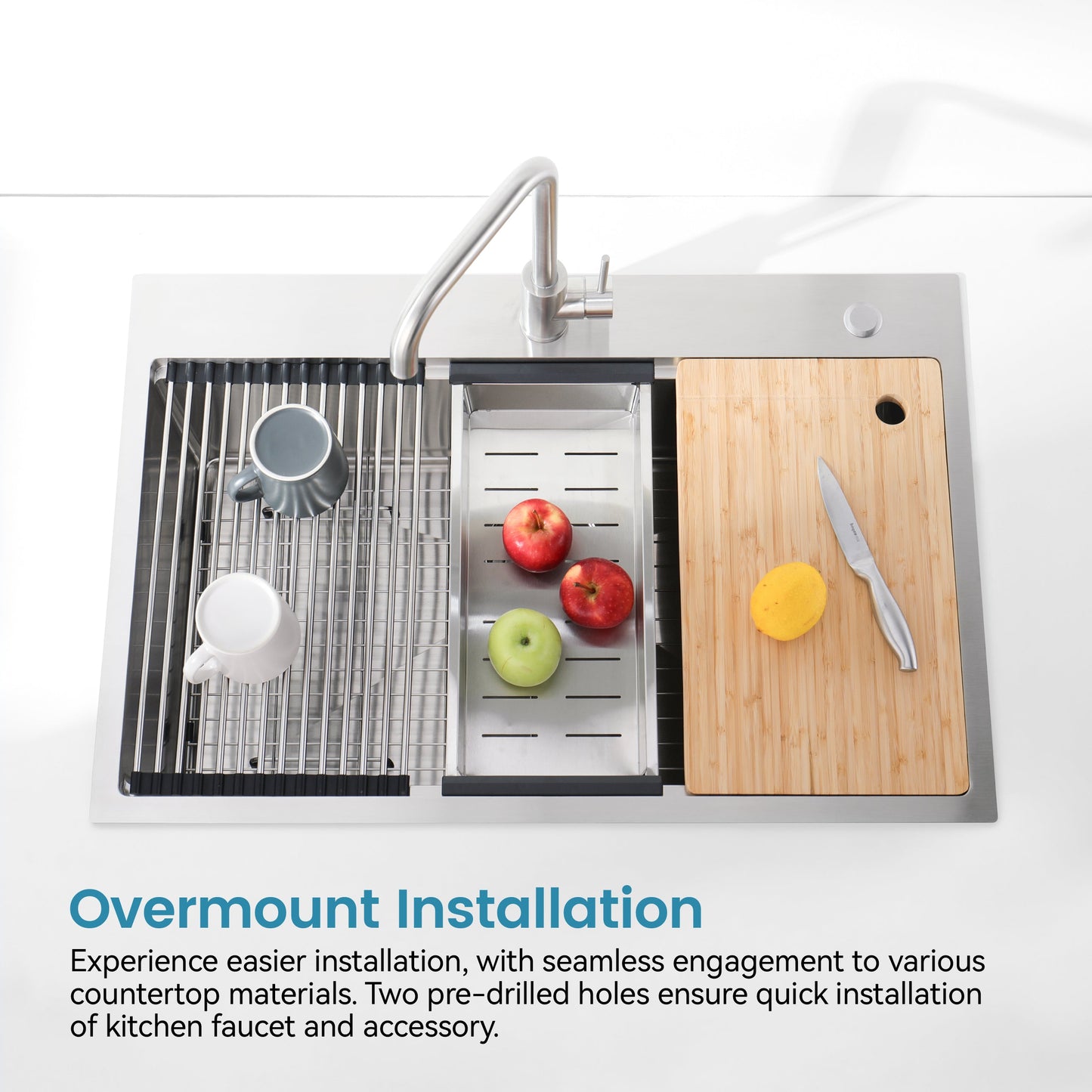 Stainless Steel Kitchen Sink, 36"x22" Single Bowl, Overmount, Brushed
