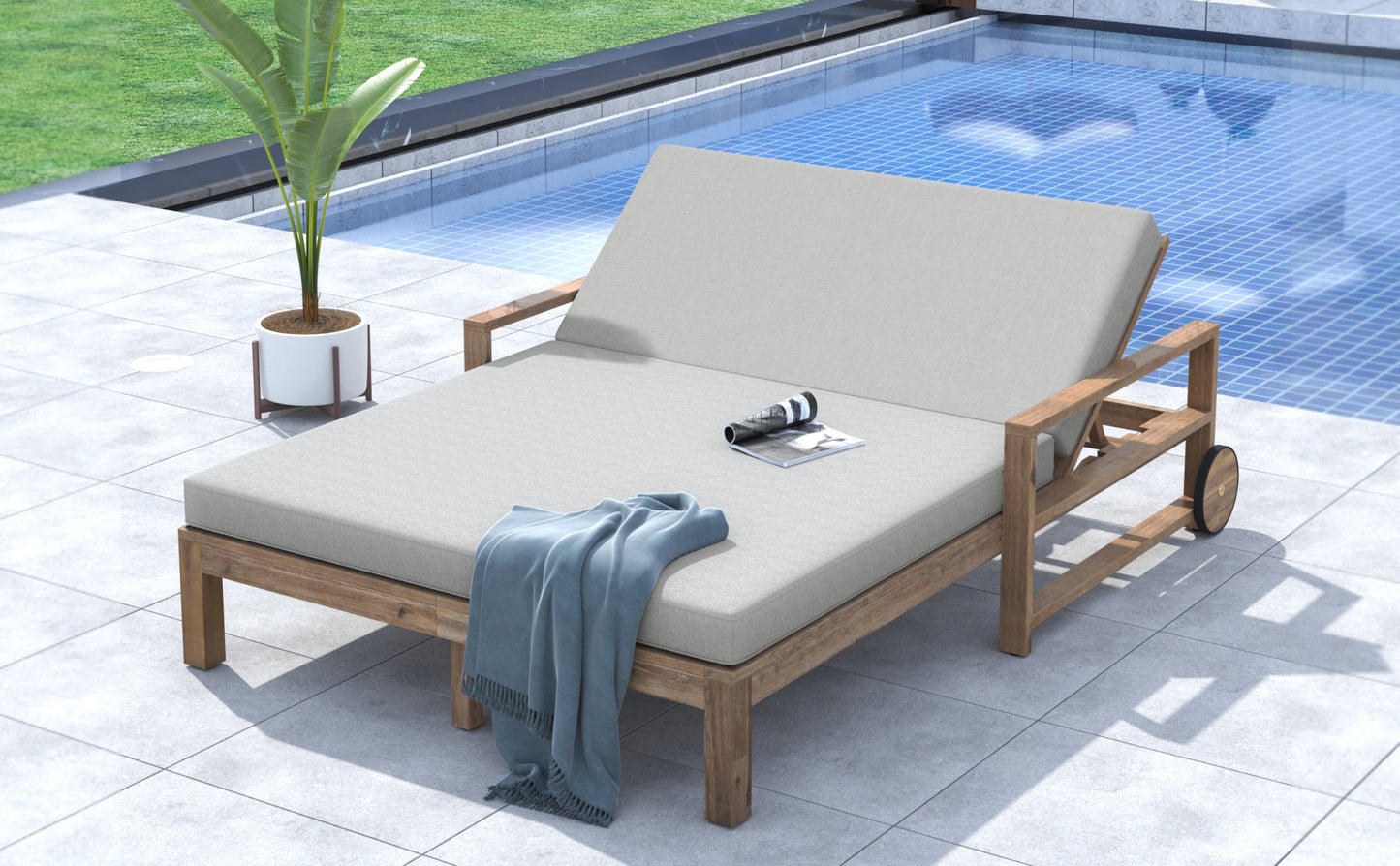 TREXM 1-Piece Farmhouse Wooden Outdoor Sunbed for 2 People